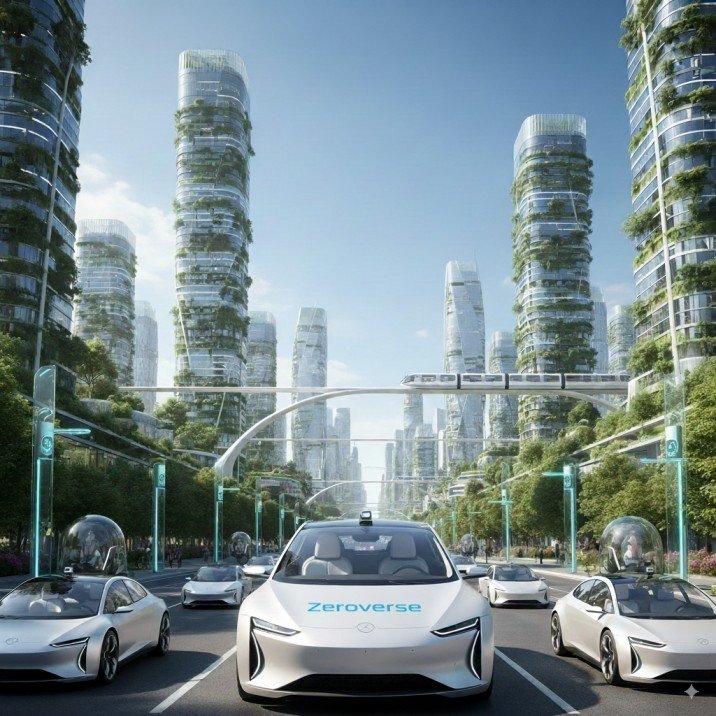 Zeroverse Flying RoboCab over a future city