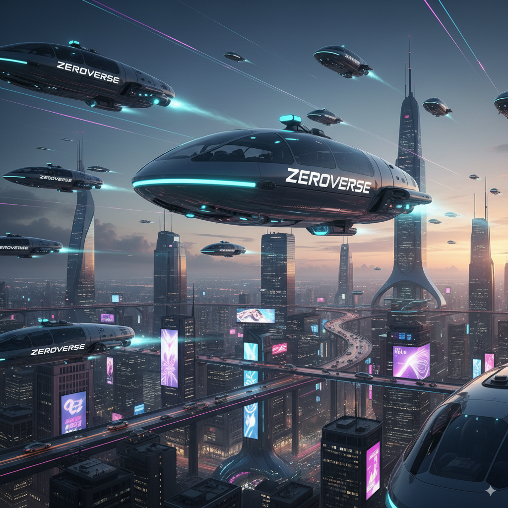 Zeroverse Flying RoboCab over a future city